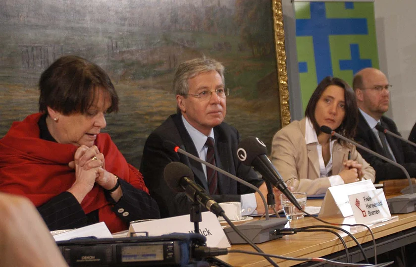 Pressekonferenz zum 32. Deutschen Evangelischen Kirchentag mit: Karin von Welck, Präsidentin des Kirchentages; Bürgermeister Jens Böhrnsen; Generalsekretärin Dr. Ellen Ueberschär; Pastor Renke Brahms, Schriftführer der Bremischen Evangelischen Kirche