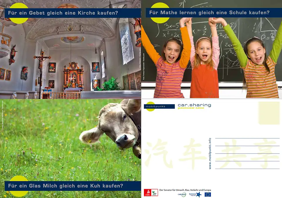 Car-Sharing: gemeinsamer Nutzen – das ist eine Botshaft von UniCards, die zu Beginn der EXPO in Lokalen in den Bremer Stadtquartieren ausliegen. Und wozu ein Auto kaufen, wenn man nur ab und zu fahren will ?