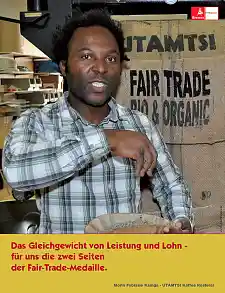 Das Plakat zeigt Morin Forbissie Kamga von der Utamtsi Kaffee Rösterei, einer der 24 Bremer Botschafter und Botschafterinnen des Fairen Handels