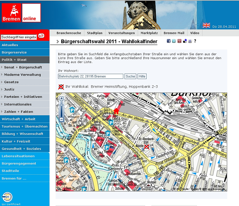 Mit dem Wahllokalfinder wollen Wahlamt und bremen.online den Weg zum Wahllokal erleichtern