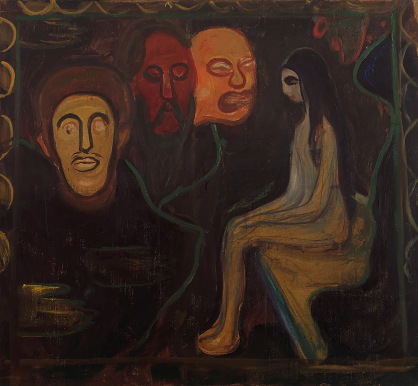 Mädchen und drei Männerköpfe, 1895-98