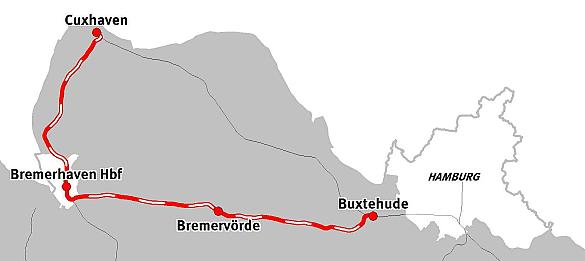 Die Streckenführung der evb verbindet Cuxhaven, Bremerhaven, Bremervörde und Buxtehude