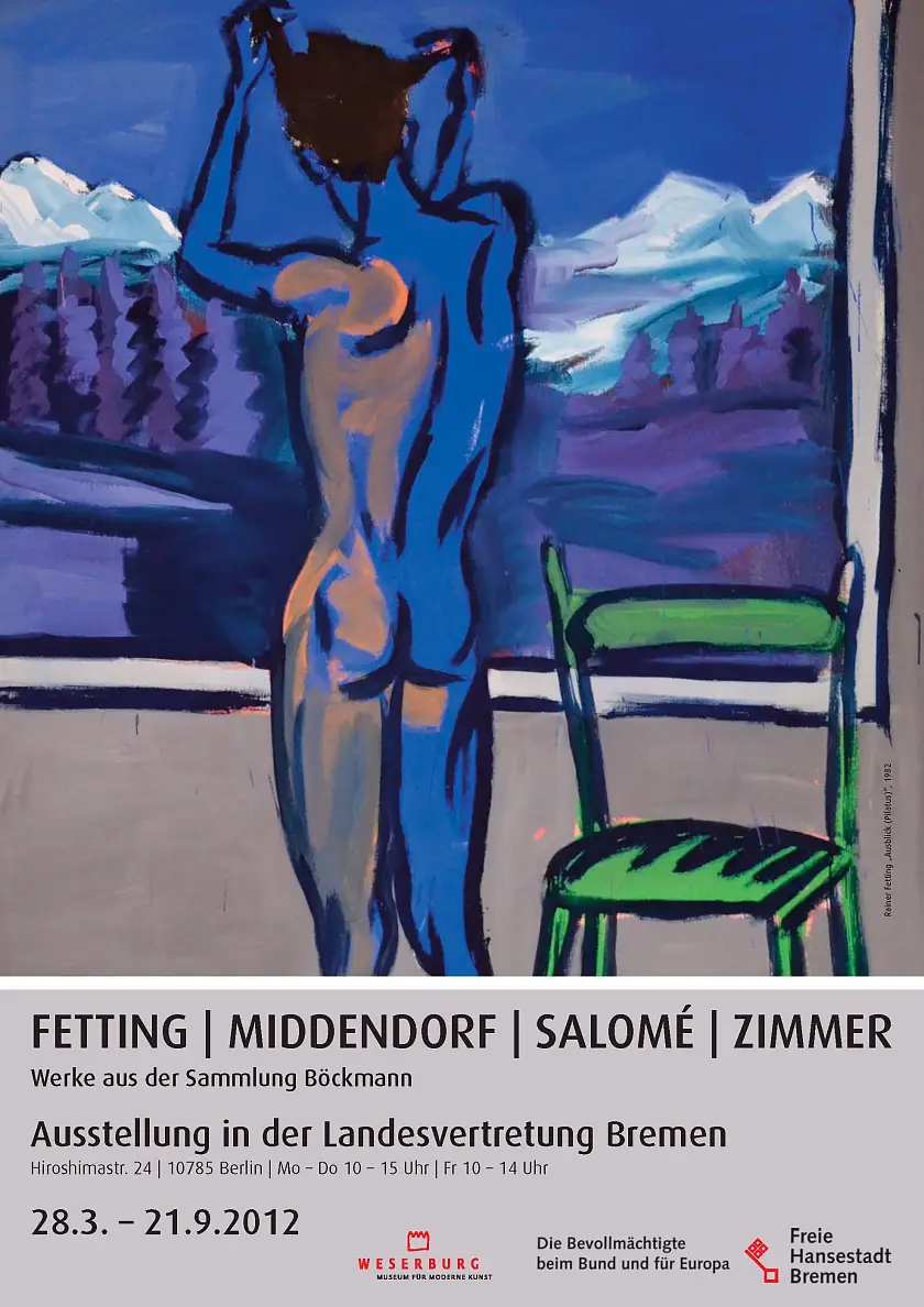 Umwerfendes Blau – das Plakat zur Ausstellung zeigt das Werk „Ausblick (Pilatus)“ von Rainer Fetting aus dem Jahr 1982