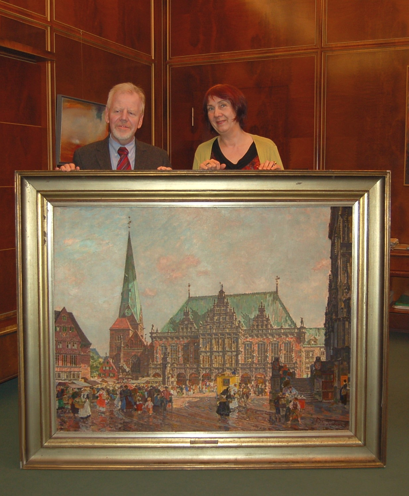 Senatorin Karoline Linnert und Dr. Heinz-Gerd Hofschen mit einem Gemälde des Künstlers Fritz Jacobsen aus dem Jahre 1931