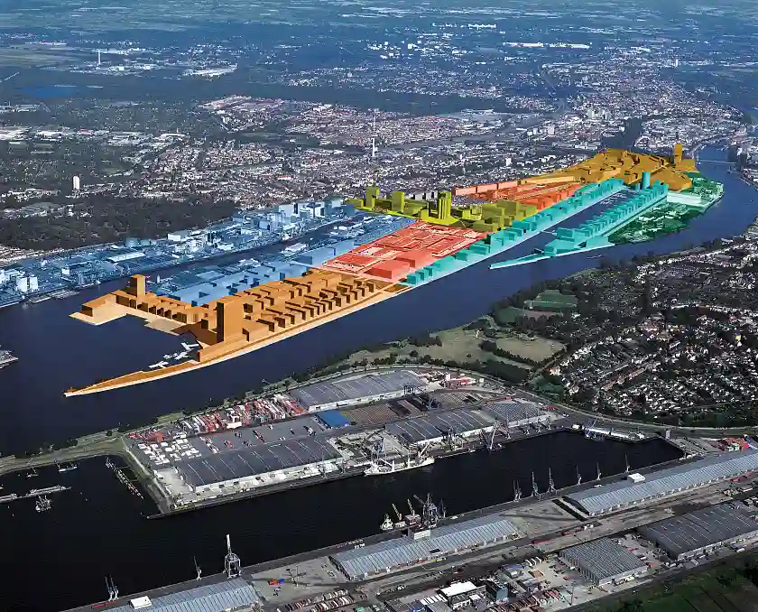 Luftaufnahme der Überseestadt mit 3D Vision