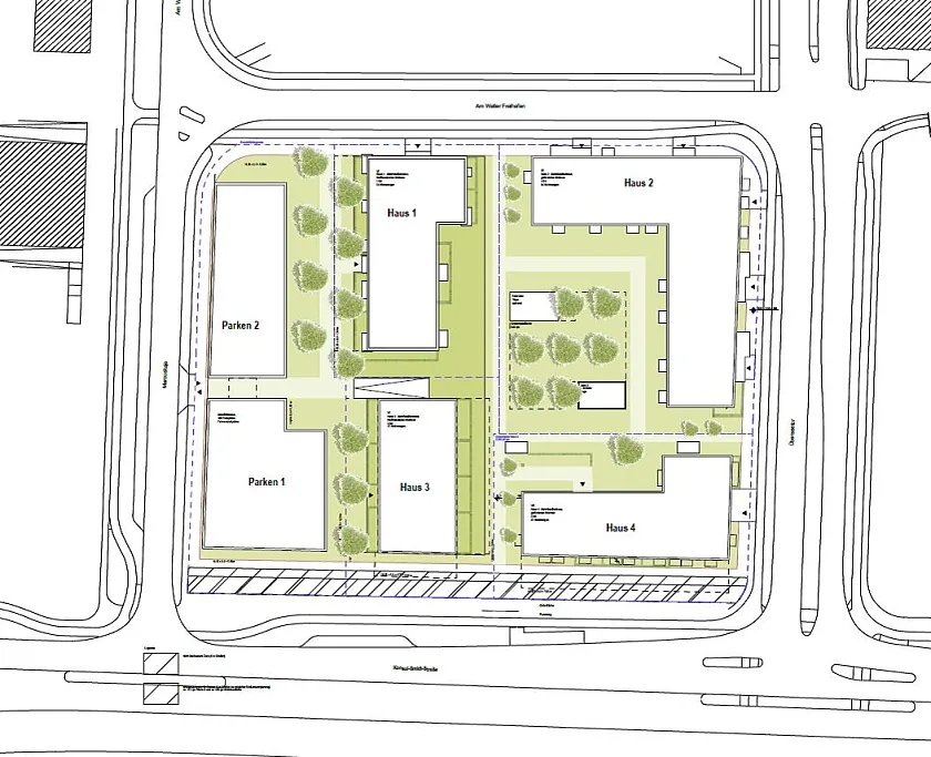 Abbildung Lageplan: Haus 1 und 2 sind der 1. Bauabschnitt