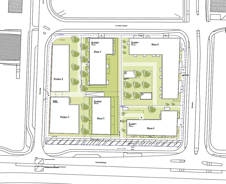 Abbildung Lageplan: Haus 1 und 2 sind der 1. Bauabschnitt