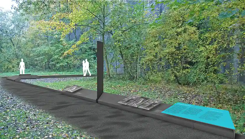 Der geplante Informationsrundweg soll den historischen Ort verstehbar machen.  Planungsbild: Copyright Besucherzentrum: Heinzelmann Architekten/LzpB  Copyright Rundweg: oblik/LzpB