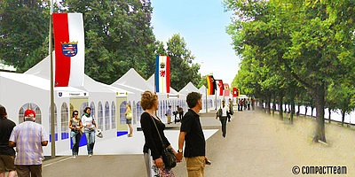 Animation der Länderzelte mit Besuchern auf der Ländermeile am Rudolf-von-Bennigsen-Ufer