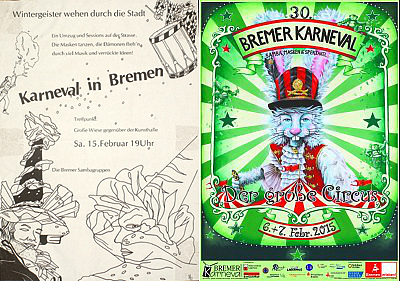 Der Karneval veränderte sein Erscheinungsbild im Laufe der Jahre zunehmend - hier zu sehen an den beiden Plakaten aus dem Premierenjahr 1986 (l.) und 2015 (r.)  Quelle: Initiative Bremer Karneval e.V.
