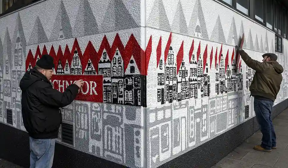 Das Team von atx artworx im Einsatz – ihr neues Graffito am Landherrnamt hilft nun dabei, den Weg in den Schnoor einfacher zu finden. Foto: WFB/Frank Pusch