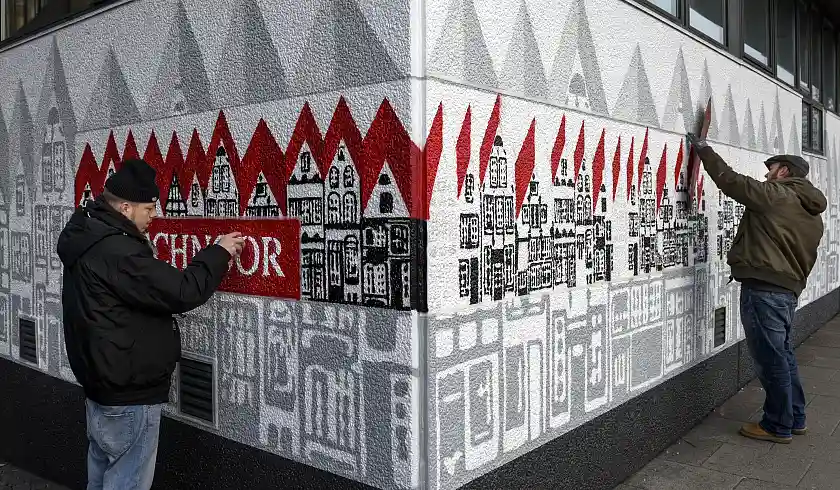 Das Team von atx artworx im Einsatz – ihr neues Graffito am Landherrnamt hilft nun dabei, den Weg in den Schnoor einfacher zu finden. Foto: WFB/Frank Pusch