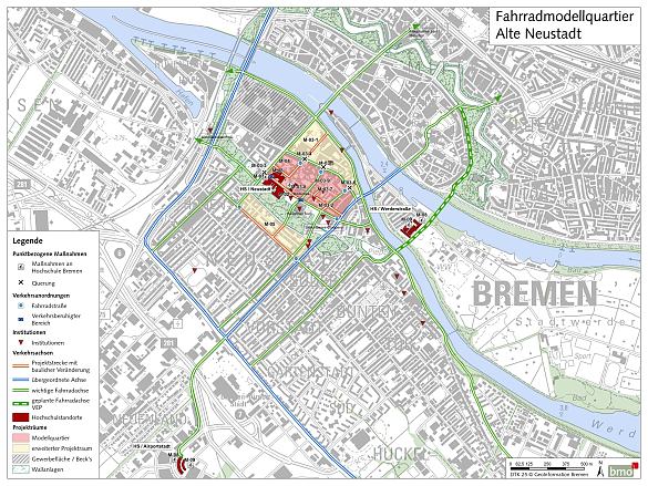 Abbildung 1: Einbindung der Maßnahmen im Modellquartier in die großräumlichen Radverbindungen (z.B. durch die Neustadtswallanlagen, entlang der Weser und in Richtung Woltmershausen; Quelle: bmo