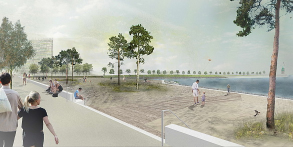 So soll es einmal aussehen: Die Visualisierung zeigt den Strandpark am Wendebecken in der Überseestadt © WFB/A24 LANDSCHAFT GmbH