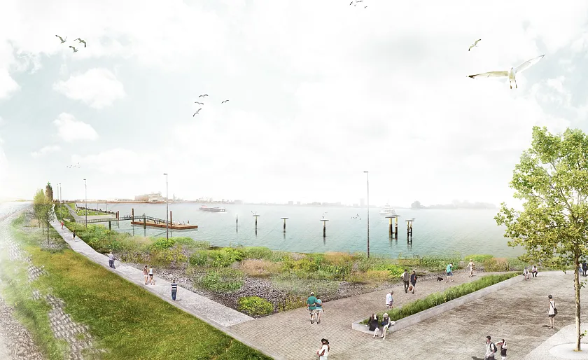 Das Molenturm-Areal am Wendebecken wird umgestaltet und unter anderem Ulmen entlang des Weges geplanzt © WFB/A24 LANDSCHAFT GmbH, monokrom