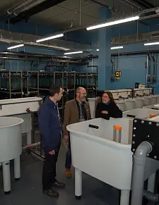 Dr. Stefan Reiser vom Thünen-Institut, Franz-Josef Pape von Immobilien Bremen und Bürgermeisterin Karoline Linnert (von links nach rechts) vor den Becken, in denen schon bald Karpfen schwimmen werden.