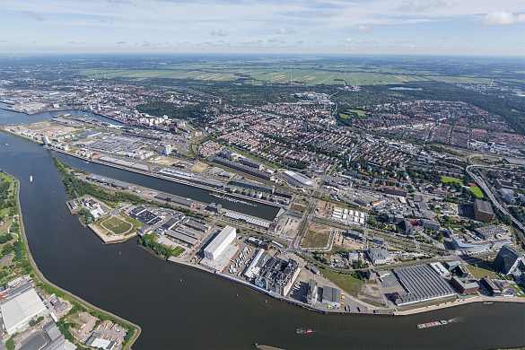 Auf der Landzunge zwischen Europahafen und Weser soll mit der „Überseeinsel“ auf dem zentralen Teil des Bereiches Südseite Europahafen ein vielseitiges Stadtquartier entstehen