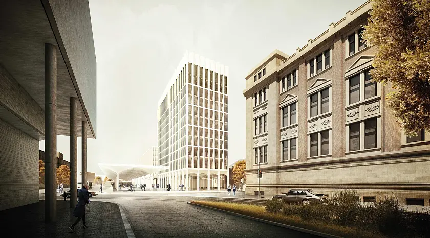 Blick vom Bahnhof auf das neue Hotel und das Dach des Fernbusterminals 