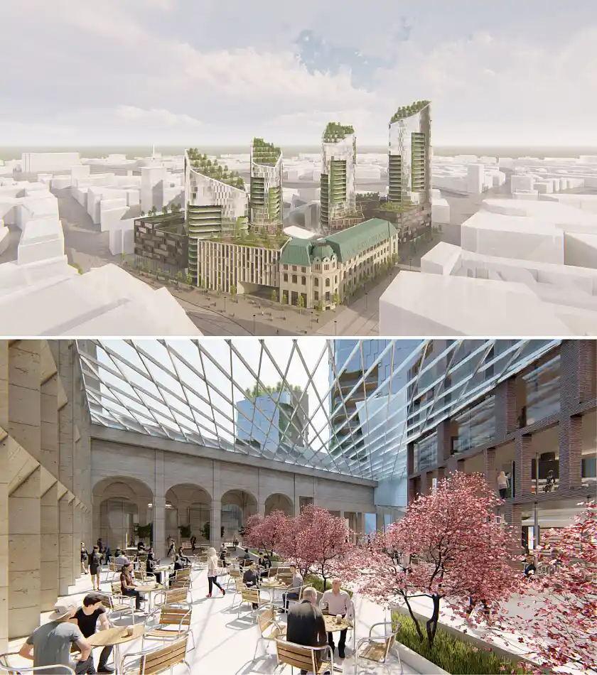 So kann es aussehen: Außen- und Innenansicht des Sparkassen-Areals am Brill 