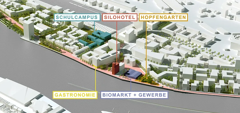 Der erste Bauabschnitt für die Überseeinsel erfolgt auf dem 15 Hektar großen Areal, auf dem Kellogg früher täglich 500 Tonnen Mais zu Frühstücksflocken verarbeitete. Hier soll ein Mix aus Wohnen, Gewerbe, Kultur, Freizeit und Bildung entstehen. Copyright: SMAQ Architektur und Stadt / ManMadeLand, Bearbeitung WFB