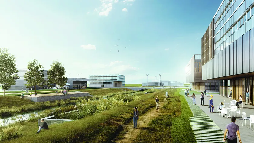 Im LUNE DELTA soll ein attraktives Arbeitsumfeld für kleine und große Unternehmen entstehen, die nachhaltig wirtschaften und attraktive Arbeitsplätze schaffen. Visualisierung: CITYFÖRSTER architecture+urbanism | urbane-gestalt PartGmbB | Transsolar KlimaEngineering 