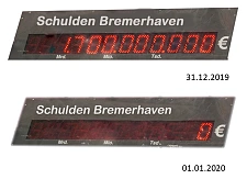 Schuldenfrei über Nacht! Die Fotomontage verdeutlicht, wie sich die Entschuldung Bremerhavens in der Silvesternacht auswirkt