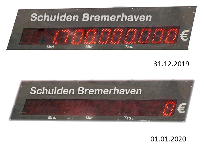 Schuldenfrei über Nacht! Die Fotomontage verdeutlicht, wie sich die Entschuldung Bremerhavens in der Silvesternacht auswirkt