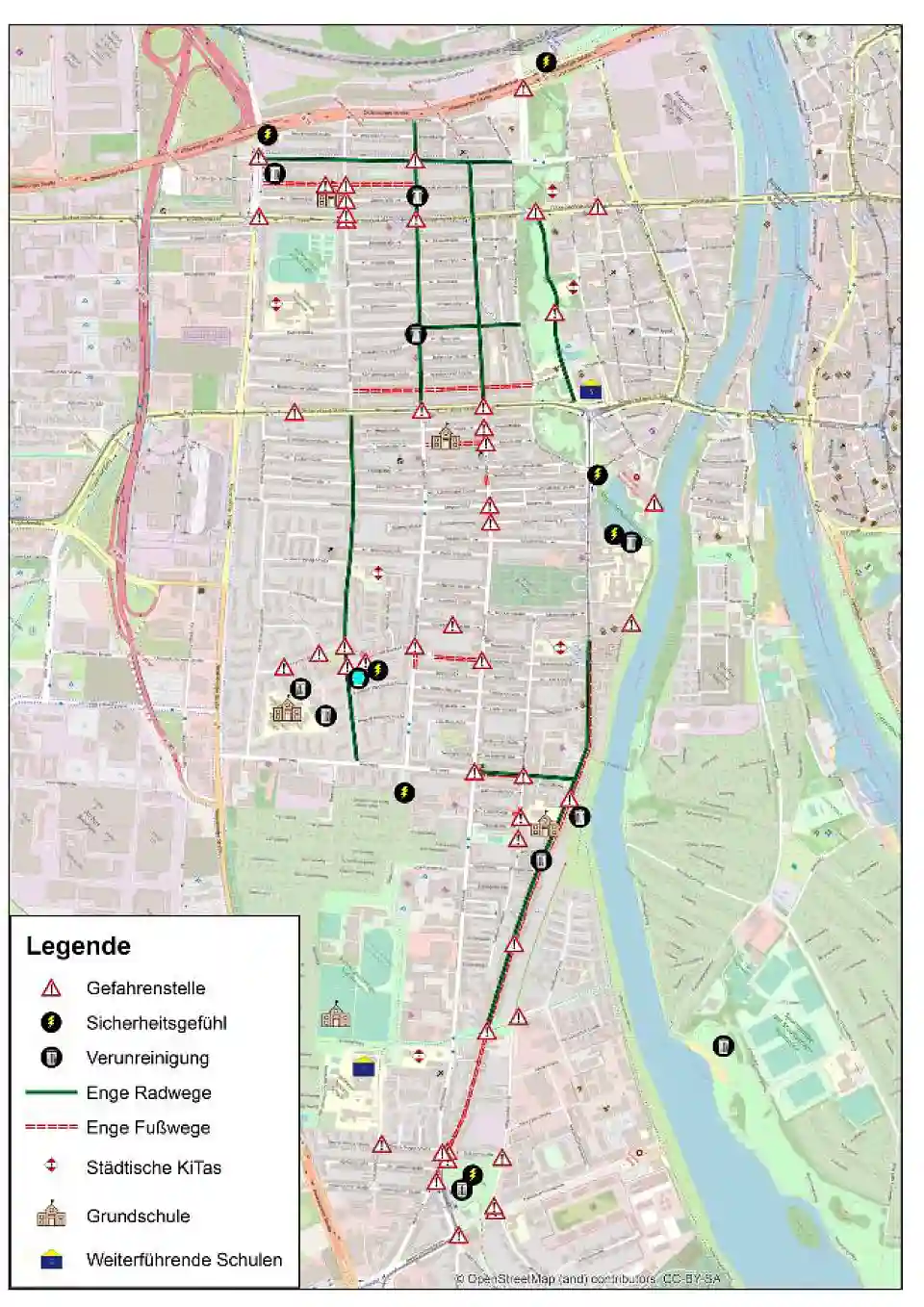 Die Neustadt mit den Augen der Kinder: Gefahrenstellen, Verunreinigung und Beeinträchtigung des Sicherheitsgefühls