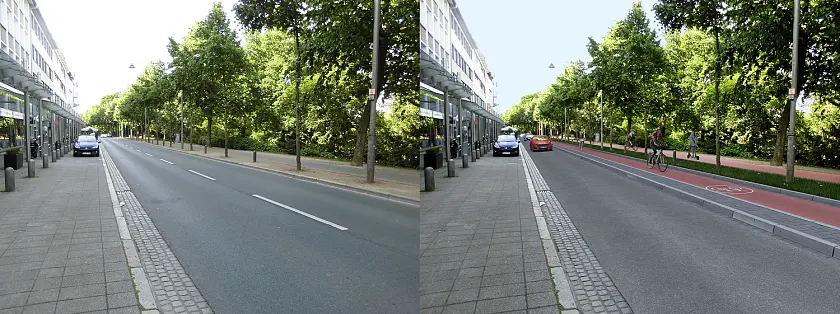 Perspektive 1: Ist-Zustand (li.) und Visualisierung Soll-Zustand (re.) mit Fahrrad-Premiumroute ©SKUMS