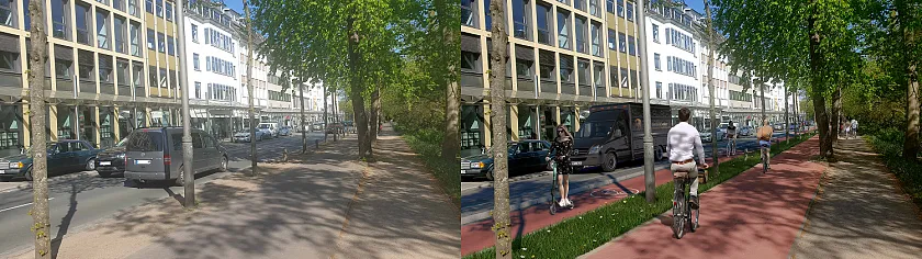 Perspektive 2:  Ist-Zustand (li.) und Visualisierung Soll-Zustand (re.) mit Fahrrad-Premiumroute ©SKUMS