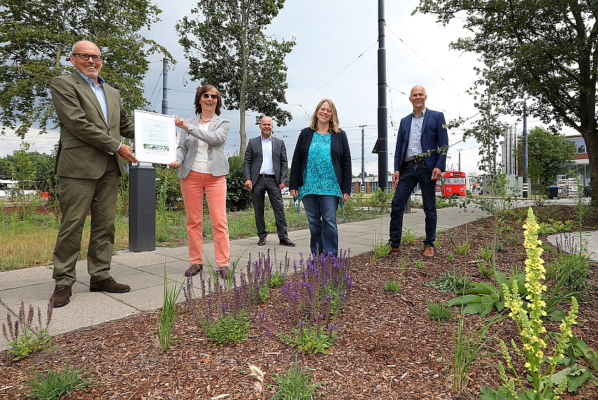 Hajo Müller, Vorstand BSAG, und Lars Jensen, Leiter BSAG-Infrastruktur, freuen sich über die Auszeichnung der Bremer Straßenbahn AG als „Orte der biologischen Vielfalt“. Klimaschutz- und Umweltsenatorin Dr. Maike Schaefer überreichte die Auszeichnung gemeinsam mit Christine Cramm, Vorsitzende BUND Landesverband Bremen, und Martin Schulze, Leiter der Geschäftsstelle Umwelt Unternehmen und Organisator der gleichnamigen Kampagne. Foto: BSAG Rospek