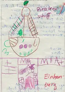 Eine der eingereichten „Planzeichnungen“ mit „Einhornberg“ und „Piratenschiff“