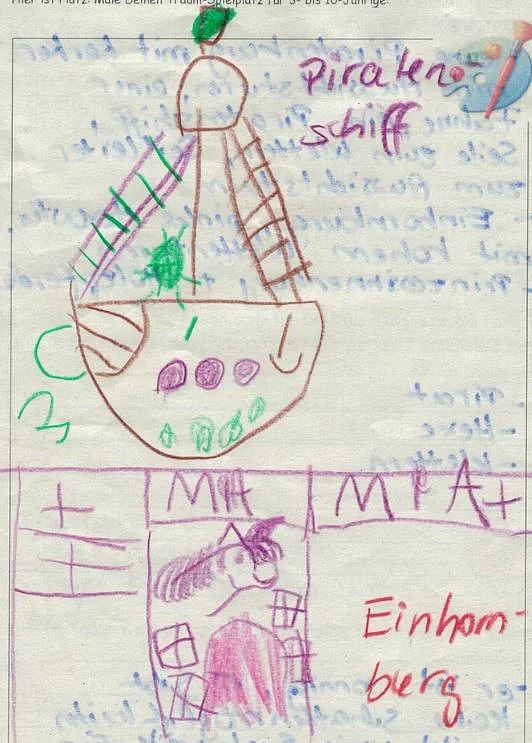 Eine der eingereichten „Planzeichnungen“ mit „Einhornberg“ und „Piratenschiff“