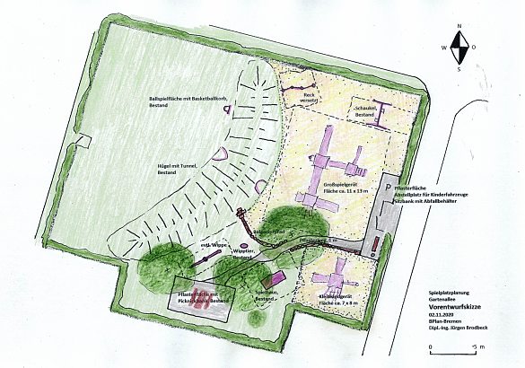 Der Spielplatz Gartenallee in Horn wird neu beplant. Die Planungsskizze im Stadium des Vorentwurfs gibt einen ersten Eindruck von der zukünftigen Gestaltung des Geländes
