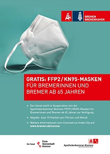 Plakat: Gratis FFP2/KN95-Masken für Personen ab 65 Jahren in Bremen und Bremerhaven