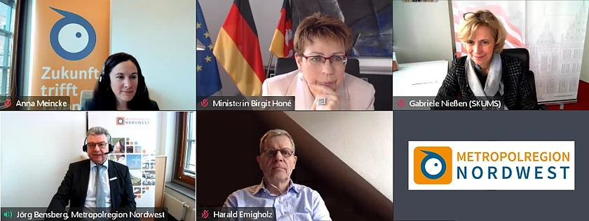 Digitale Jahrespressekonferenz zur Mobilität der Zukunft in der Metropolregion Nordwest: (von links oben) Dr. Anna Meincke, Geschäftsführerin der Metropolregion Nordwest; Ministerin Birgit Honé, Mitglied im Vorstand; Staatsrätin Gabriele Nießen, Schatzmeisterin; Landrat Jörg Bensberg, 1. Vorsitzender; Harald Emigholz, 2. Vorsitzender Foto: metropolregion-nordwest