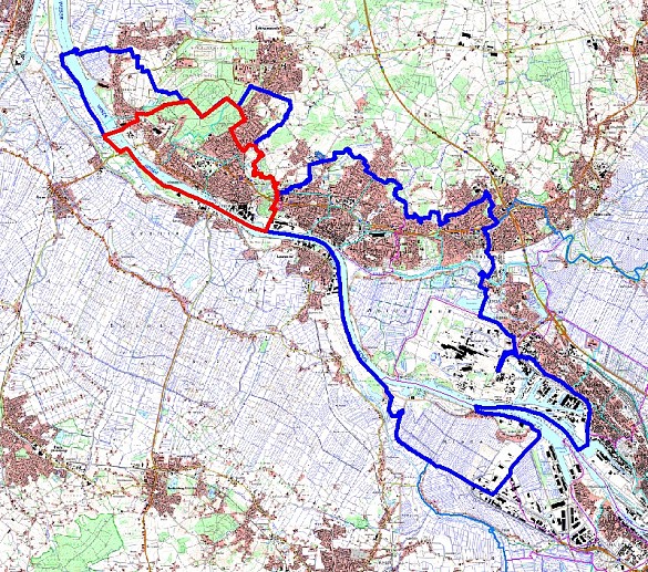 Beobachtungsgebiet (blau) und Sperrbezirk (rot) in Bremen-Nord 