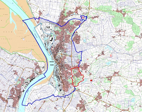 Beobachtungsgebiet (blau) und Sperrbezirk (rot) in Bremerhaven