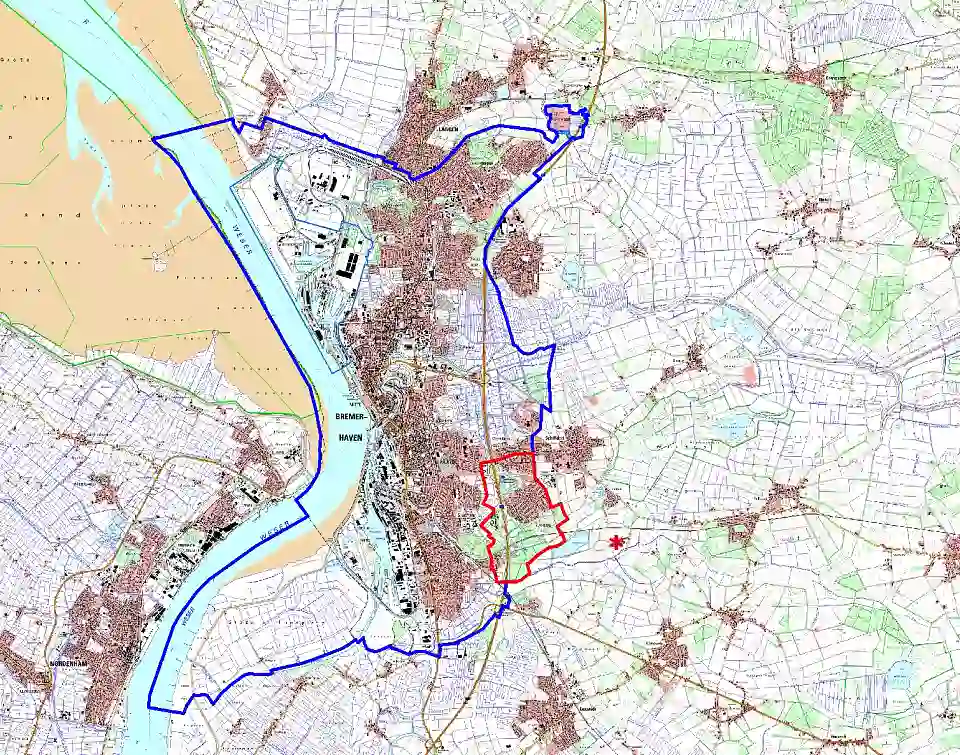 Beobachtungsgebiet (blau) und Sperrbezirk (rot) in Bremerhaven