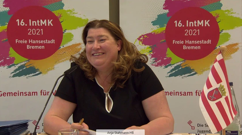 Senatorin Sanja Stahmann als Vorsitzende der Integrationsministerkonferenz leitet die online-Tagung in Bremen Foto: Pressestelle Soziales