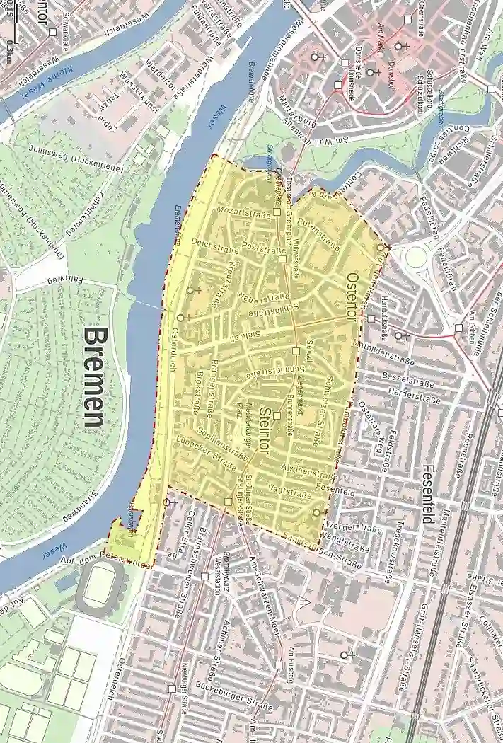 Räumlicher Geltungsbereich 2 – Schlachte: Martinistraße bis über die Wilhelm-Kaisen-Brücke, von dort zum rechten Weserufer, rechtes Weserufer bis über die Bürgermeister-Smidt-Brücke, Bürgermeister-Smidt-Straße