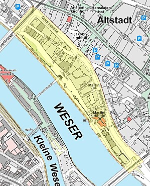 Räumlicher Geltungsbereich 2 – Schlachte: Martinistraße bis über die Wilhelm-Kaisen-Brücke, von dort zum rechten Weserufer, rechtes Weserufer bis über die Bürgermeister-Smidt-Brücke, Bürgermeister-Smidt-Straße