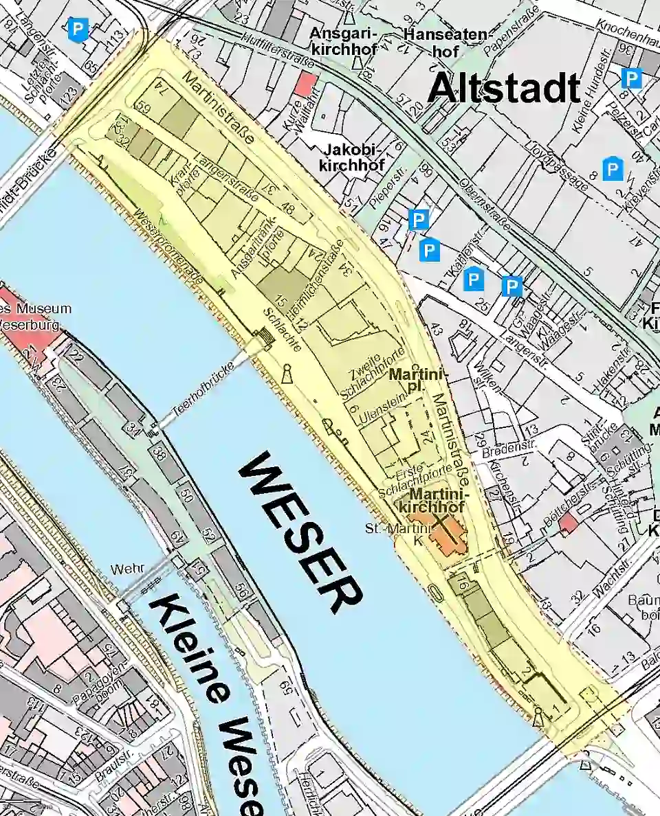 Räumlicher Geltungsbereich 2 – Schlachte: Martinistraße bis über die Wilhelm-Kaisen-Brücke, von dort zum rechten Weserufer, rechtes Weserufer bis über die Bürgermeister-Smidt-Brücke, Bürgermeister-Smidt-Straße
