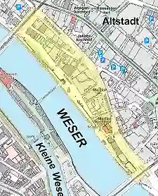 Räumlicher Geltungsbereich 2 – Schlachte: Martinistraße bis über die Wilhelm-Kaisen-Brücke, von dort zum rechten Weserufer, rechtes Weserufer bis über die Bürgermeister-Smidt-Brücke, Bürgermeister-Smidt-Straße