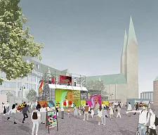 Kunst ist ein Lebensmittel - eingebettet in den Wochenmarkt bietet der Open Space auf dem Domshof Raum für Konzerte, Ausstellungen, Vorträge, Lesungen u.v.m.  Ein Ort zum Zusammenkommen, Verweilen und Genießen.  © Wirth Architekten