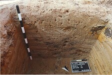 Blick in eine geöffnete Grube. Erkennbar sind die aufgespülten Sandschichten, in denen das (leere) Grab mit einer Tiefe von ca. 1,3 Meter angelegt wurde. Foto: Landesarchäologie Bremen, J. Geidner