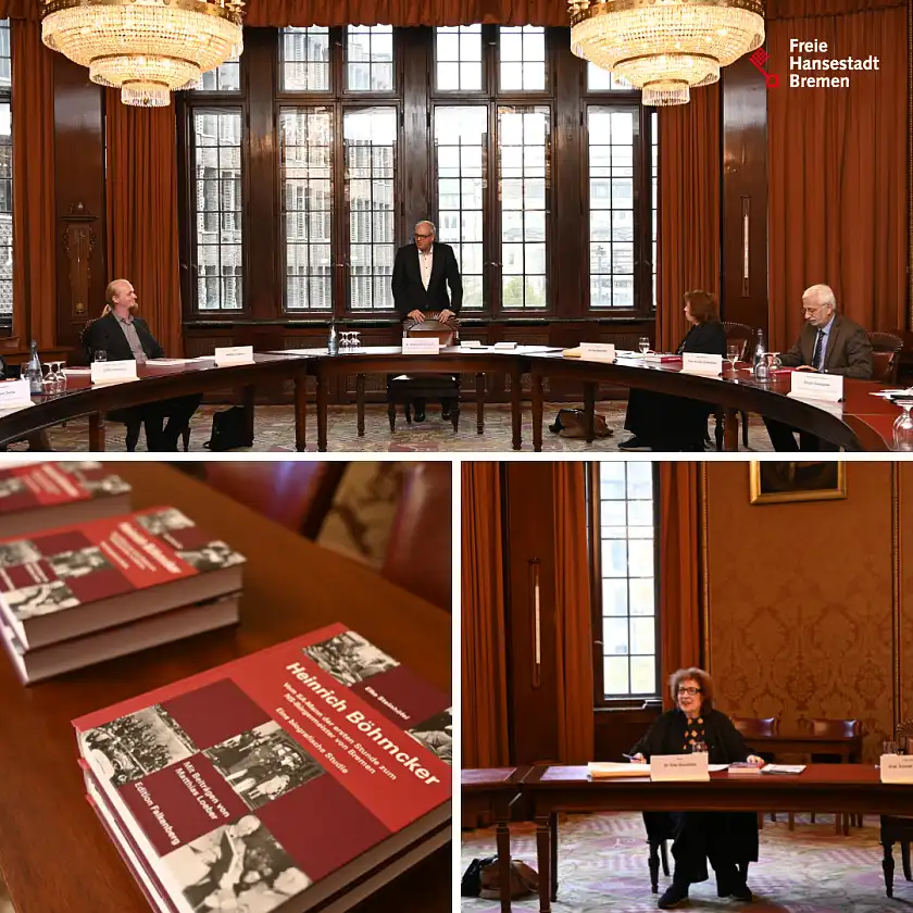 Buchvorstellung im Senatssaal des Rathauses: Bürgermeister Dr. Andreas Bovenschulte (Bild oben, mitte) mit der Autorin Dr. Elke Steinhöfel (oben, 2. v.r. und unten rechts), Co-Autor Matthias Loeber (oblen, links) und dem Leiter des Staatsarchives Bremen, Prof. Konrad Elmshäuser (oben, rechts). Fotos/Collage: Senatspressestelle)