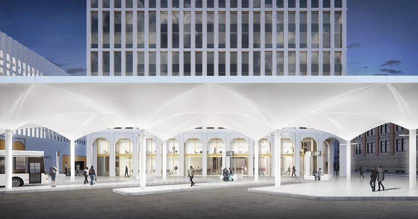 Visualisierung der Außenperspektive Fernbusterminal, Bild: KNERER UND LANG Architekten | Atelier Schmelzer Weber