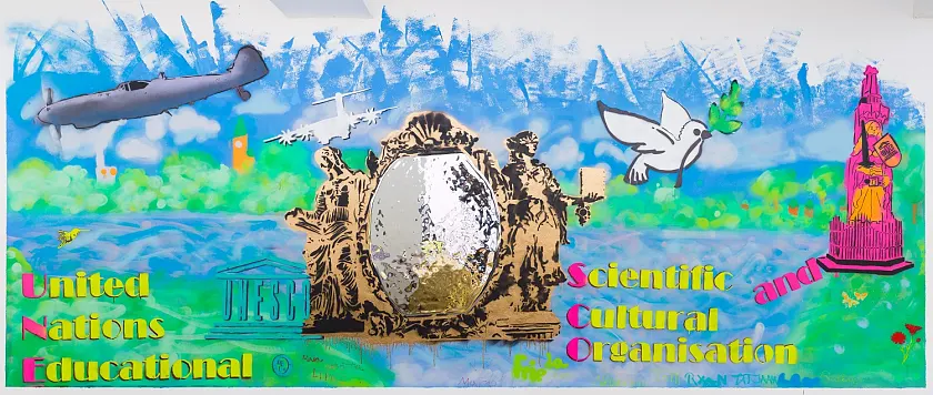 Graffiti der UNESCO-Projektschulen, entstanden nach dem Workshop im Rathaus vom April 2022. Reproduktion: Michael Schnelle, SKB-Fotoarchiv