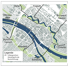 Karte der Fußwegeachsen (Vorschlag für die Routenführung)